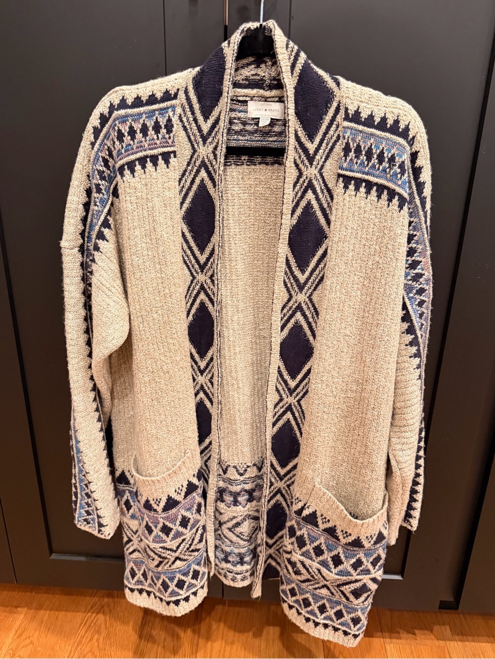 Lucky Brand 2X Cotton Blend Geometric Open Front Cardigan